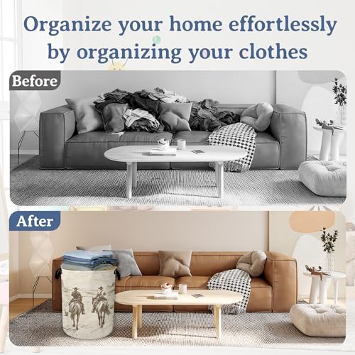 Image of Western Cowboy Laundry Hamper With Handle,Foldable Oxford Cloth Horse Desert Laundry Basket,20.8 inchx16 inch Clothes Storage Basket for Laundry Room /Bedroom /Bathroom