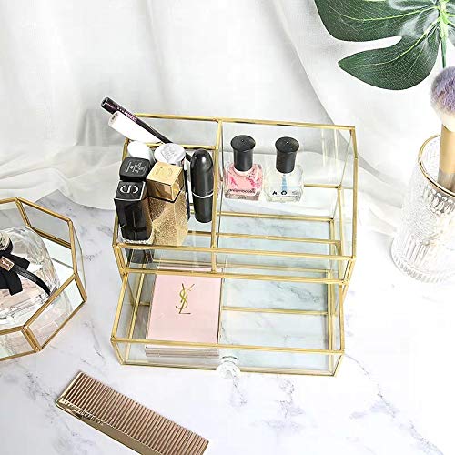 SLHEQING Luxury Gold Makeup Organizer with Drawers, Glass Dressing Table Organiser, Ideal for Vanity and Bathroom - Image 2