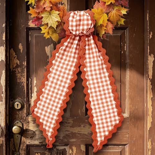 Whaline 2 Pcs Wreath Sash for Front Door Orange Plaid Garland Ribbon for Autumn Harvest Thanksgiving Party Home Decor Indoor Outdoor