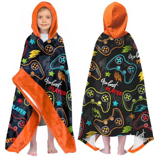 Image of Video Gamer Boys Beach Towel with Hoodie for Kids Toddlers Age 4-8,Game Controller Black Bath Towels Shower Wrap for Boys, Hooded Poncho Beach Blanket for Pool Swimming Wearable Bath Towel for Child