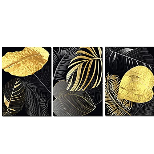 Affiches abstraites de feuilles tropicales dorées pour salon moderne | Triptyque 30x45 cm