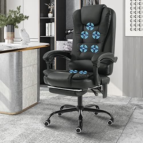 Hoffree Executive Massage Office Chair With Footrest Reclining Home Office Chair Soft Leather High Back Computer Desk Chair With Lumbar Support Padded Armrest Adjustable Black #TOP1