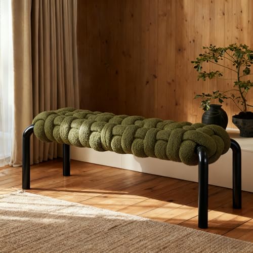 Merax 41" Teddy Fabric End of Bed Bench, Upholstered Window Seat with Black Metal Legs, Teddy Braided Fabric Entryway Bench for Living Room and Bedroom, Olive Green