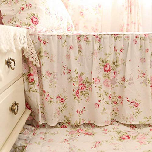 Fadfay Princess Bedding Cotton 600 Tc Girls Floral Duvet Cover Bulgaria Rose & Green Leaves Printed Bedskirt 18'' Dust Ruffle Comforter Cover Set Hidden Zipper Closure?Twin 4-Pieces #TOP4