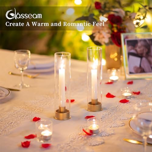 Glasseam Hurricane Glass Candle Holder Set of 2, Gold Candle Holders for Candlestick Candles, Metal Candle Sticks Holder with Cylinder Chimney, Modern Candles Holders for Dinner Table Centrepiece