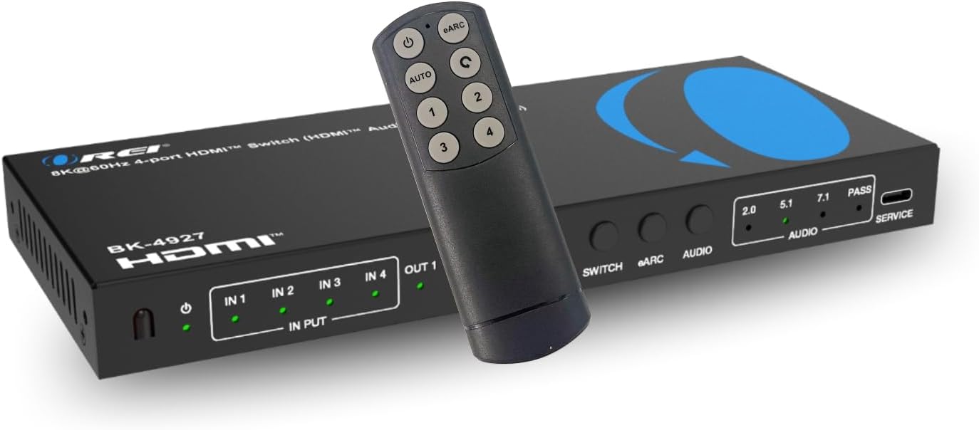 OREI 8K 4-Port HDMI Audio Extractor Switch 4x1 with eARC/ARC Support – 48Gbps HDMI 2.1, 4K@120Hz, Dolby Vision, Dolby Atmos, CEC, HDR10+, eARC to HDMI Output for AV Receiver, Remote Control – BK-4927