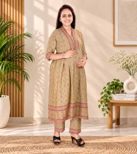 Image of Momenta Women's Pure Cotton Maternity Kurta Set | Feeding Kurti with Concealed Zippers | Maternity Dress for Pre & Post Pregnancy