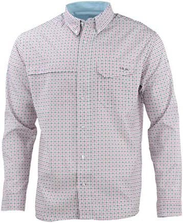 Huk Men's Tide Point Woven Plaid Long Sleeve Shirt, Pink Taffy, Large