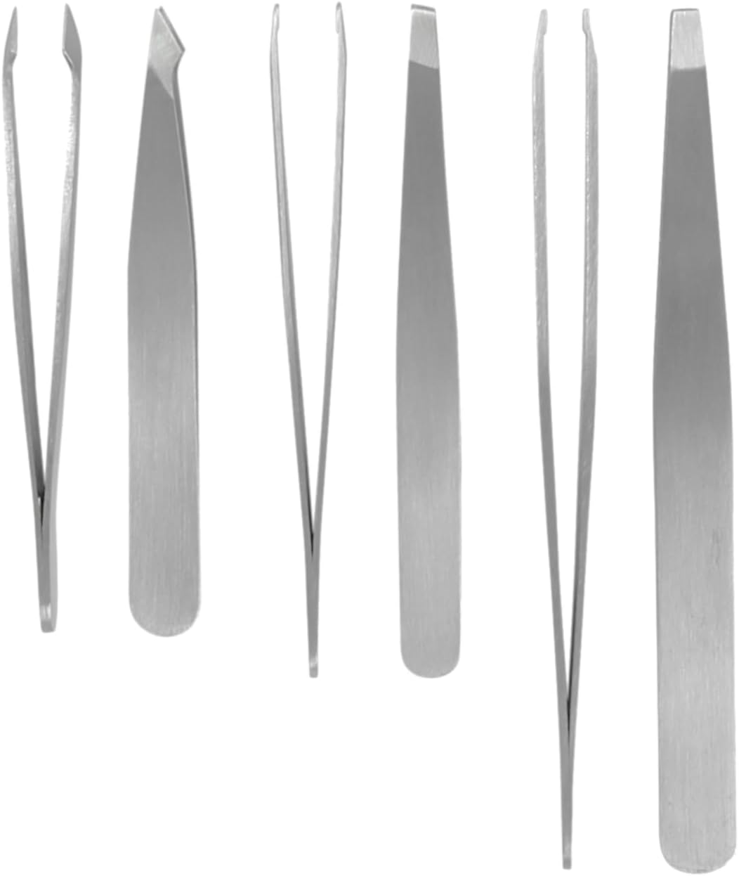Iconikal Brushed Stainless Steel Tweezer Set – 12 Pack of Durable Precision Tweezers for Hair Removal - Mini Straight, Slanted & Angled Types Included