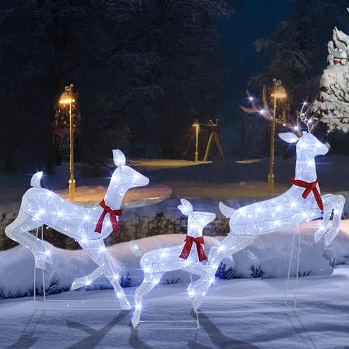 Goplus 3-Piece Large Lighted Christmas Reindeer Family, Light up Xmas Decorations w/255 LED Lights & Scarves, Buck, Doe & Fawn, Pre-Lit Outdoor Deer Set for Indoor & Outdoor Display
