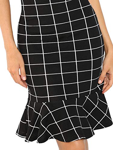 Floerns Women's Short Sleeve Plaid Ruffle Hem Bodycon Office Work Dress Black L