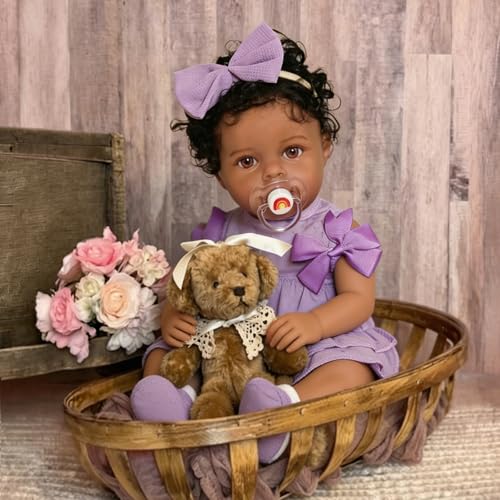 Image of KSBD Reborn Baby Doll Black Girl - 18 Inch Weighted Lifelike Realistic African American, Newborn Real Life Handcrafted Toddler Baby with Hair, Soft Cloth Body and Accessories Gift Set for Kids Age 3+