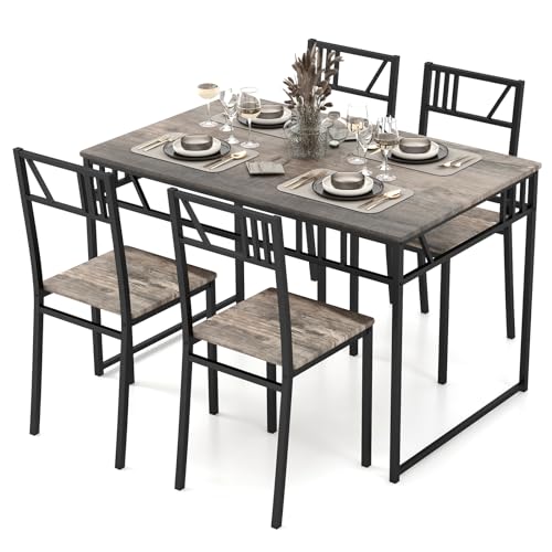 COSYWAY Dining Table and Chairs Set 4, Wood Effect Rectangular Kitchen Table and 4 Chairs with Curved Back, Metal Frame Space Saving Home Dining Room Furniture Set, Grey