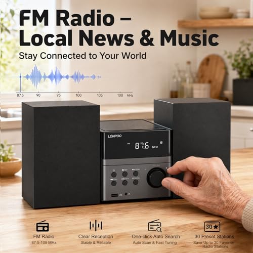 Image of Home CD Stereo Shelf System, 30W Micro HiFi System (with CD Player, FM Radio, Bluetooth 5.3, USB Playback, AUX-in, Headphone Jack, Remote Control, DSP-Tech