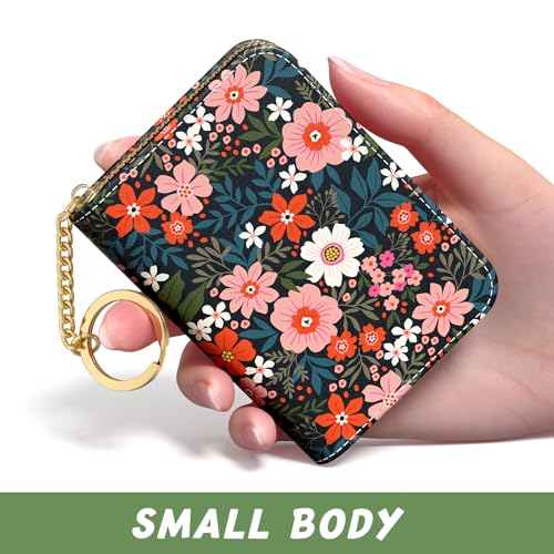 Image of Aiawoxc Credit Card Holder, Small RFID Wallet Slim Leather Card Organizer Case with Zipper and Keychain, Cute Flowers