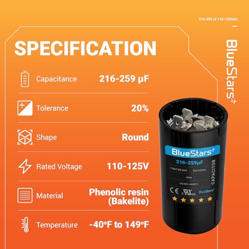 image for [UL Certified] BlueStars 216-259 uF MFD 110-125 VAC Round Start Capaci