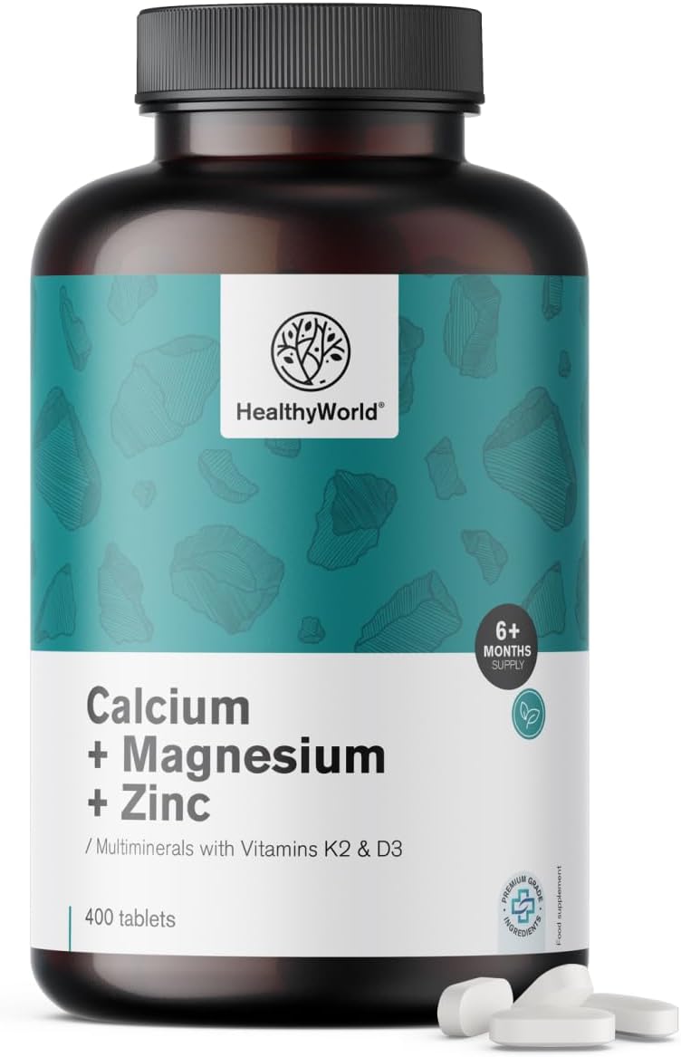 HealthyWorld Calcium + Magnesium + Zinc - Complex with 2 Vitamins & 7 Minerals - 400 Tablets - With Vitamin D3 & K2 - Support for Vitality & Immune System - More Than 6 Months Supply