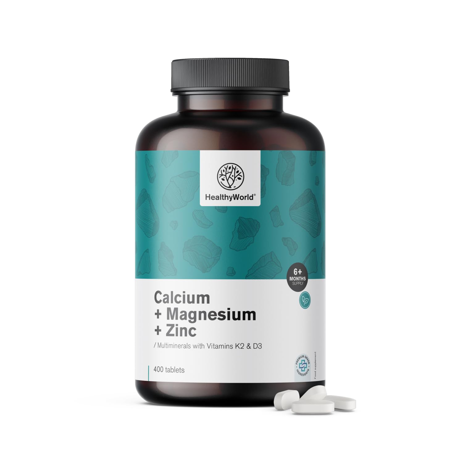HealthyWorld Calcio + magnesio + zinc – Complejo de 2 vitaminas y 7 minerales – 400 comprimidos – Vitaminas D3 y K2 – Favorece la vitalidad y la resistencia – Suministro para más de 6 meses