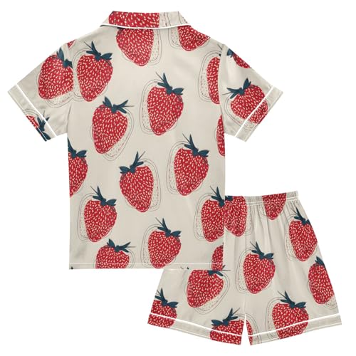 Red Strawberry Pattern Summer Satin Pajama Set, Cute Button-Down Sleepwear Pj Set for Sleep Wears2