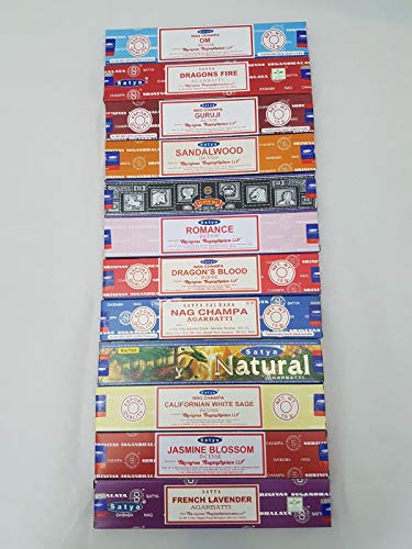 Bastoncini di incenso Satya Guruji, Nag Champa Superhit,, legno di sandalo, Dragon' s Blood, OM, lavanda francese, Dragon Fire, Romance, naturale, gelsomino e salvia californiano bianco.