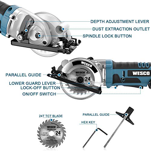 Wesco 3-3/8 Inch Cordless Mini Circular Saw, 20V Circular Saw, Maximum Cutting Depth 1-1/8 Inch, With 2.0Ah Battery And Quick Charger Parallel Guide And Hex Wrench, 1 X 24T Tct Saw Blade For Wood #TOP6