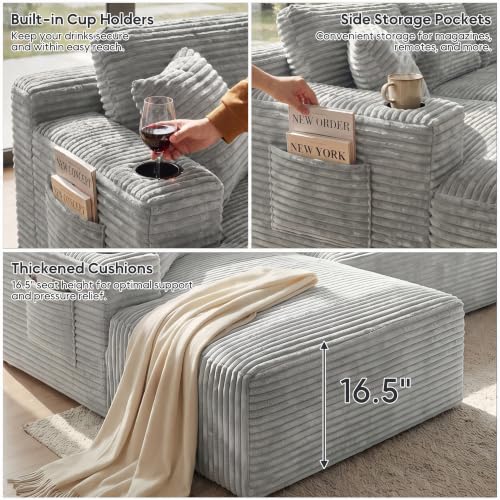 Image of 133 inch U-Shaped Modular Sectional Sofa, Corduroy Boneless Couch, Light Grey | Cloud Luxury Comfort, Couches for Living Room, Storage & Cupholder, Oversized Sofa, Deep Seat, No Assembly Required