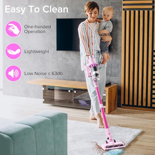 Belife Cordless Vacuum Cleaner, 38Kpa 450W Stick Vacuum Cleaners for Home Carpet Hardwood Floor, Wireless Household Vaccum for Pet Hair with Led Touch Display, Up to 45mins Runtime (Pink)