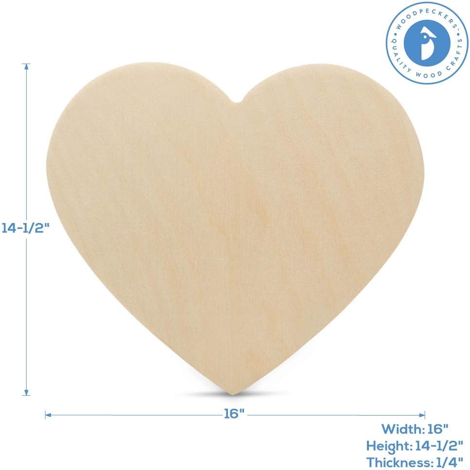 Wooden Heart Cutouts for Crafts 16 inch, 1/4 inch Thick, Pack of 5 Unfinished Heart Shaped Wooden Cutouts, by Woodpeckers