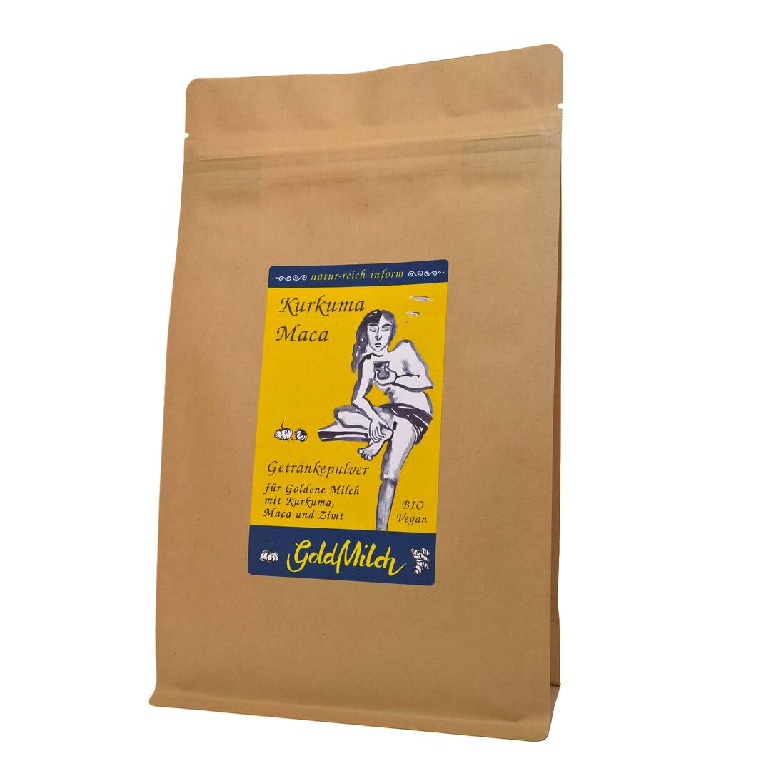 GoldMilch mit Kurkuma, Maca & Carob – Getränkepulver für Goldene Milch | Frei nach ayurvedischer Tradition | gesüßt mit Kokosblütenzucker | 750g = 75 Tassen | Bio, Vegan & Fair | Sächsische Manufaktur