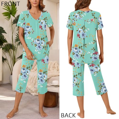 Image of Bestbee Women's Pajama Sets 2 Piece Lounge Outfits Summer Sleepwear V Neck Short Sleeve Capri Pant With Pockets Ladies Pjs