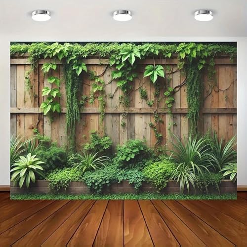 EIN lebendiger Vinylhintergrund Eine natürliche Landschaft aus üppigen Pflanzen, die um einen Zaun verschlungen sind