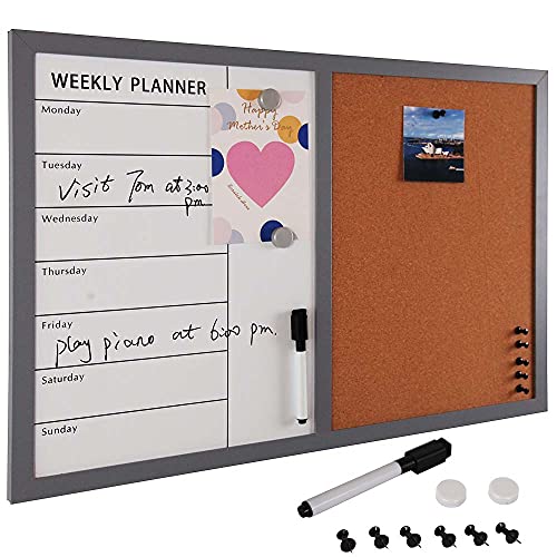 Bakaji Whiteboard Mit Kork-Pinnwand Kombi 60x40 Cm – Inkl. Kreide, Magneten, Pinnnadeln, Holzrahmen Weiß