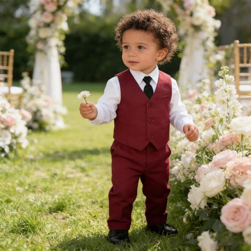 Image of Baby Boy Formal Suit for Toddler Infant Tuxedo Dress Suits | Little Gentleman, Wedding Ring Bearer Outfit, Vest Pants Long-Sleeve Shirt Tie, Birthday Party Christmas Prom, Classic