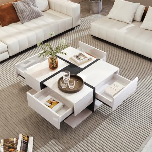 Table basse carrée blanc brillant design bicolore haut de gamme 78 cm
