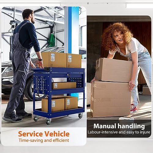 Image of 3 Tier Heavy Duty Rolling Tool Cart with Drawers, Large Storage Utility Cart on Wheels for Garage, Warehouse, Repair Shop (Deep Blue)