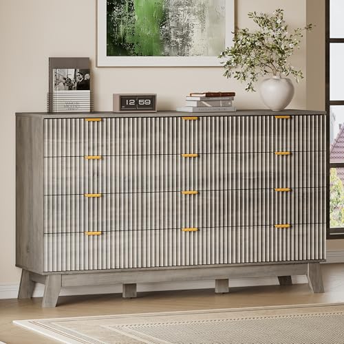 Image of BORNOON 57 inch Wide Dresser for Bedroom, 12-Drawer Fluted Dresser with Metal Handles, Wood Chest of Drawers with Smooth Slides and Stable Base, Modern Storage Cabinet for Living Room, Nursery