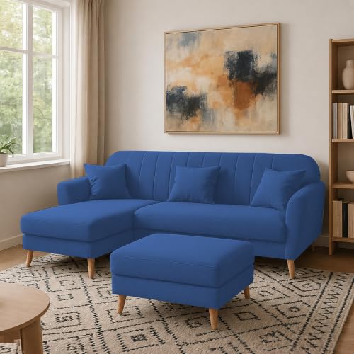 Image of Atticus LHS 4 Seater L Shape Sofa Set with Ottoman for Living Room (Blue Fabric) Premium Fabric Sofa Set