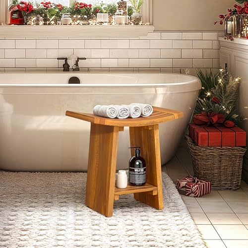 ✅ 10 Best Teak Shower Bench 9 DWVO Teak Shower Bench with Storage Shelf for Shaving Legs Foot Rest, 18'' Solid Wood Shower Stool Bath Wooden Seating Bench for Shower with Non-Slip Feet, Easy Assembly for Indoor and Outdoor Use