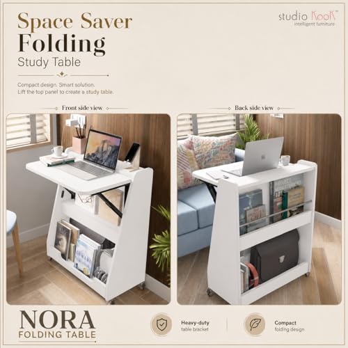 Image of Studio Kook Nora Folding Table (Study Table, Multipurpose Desk with Wheels, Engineered Wood, Matte Finish) (Moonshine White)