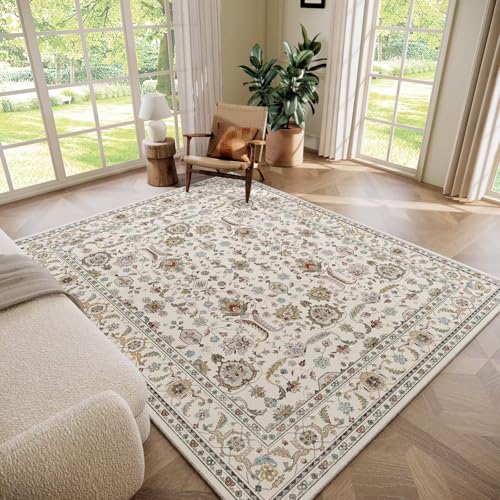 Washable 6x9 Area Rugs for Living Room, Boho Non-Slip Vintage Distress Large Rugs for Bedroom Dining Room Nursery Office, 0.3' Neutral Oriental Throw Thin Carpet, Beige/Rust/Green/Multi