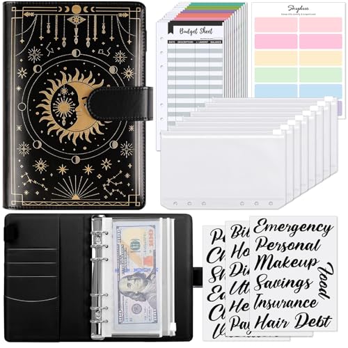 Image of SKYDUE Budget Binder, Money Saving Binder with Zipper Envelopes, Cash Envelopes and Expense Budget Sheets for Budgeting (Black Golden)