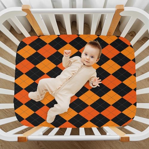 Image of Baby Crib Sheet Halloween Argyle Plaid Crib Mattress for Boys and Girls Playard Sheet Soft Breathable Fitted Baby Mattress Cover 52x28in