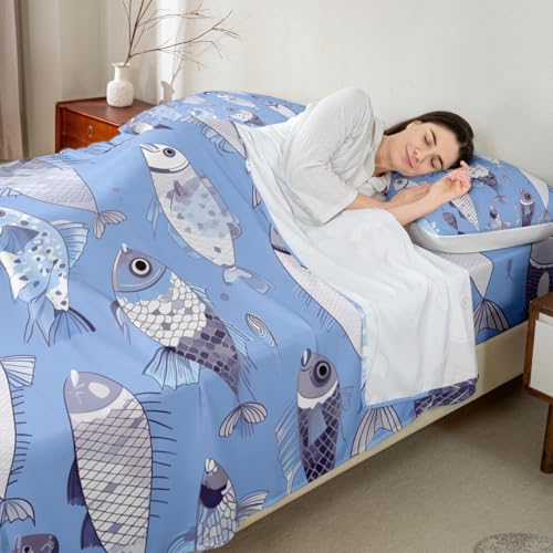 Image of jejeloiu Cartoon Fish Bed Sheets Sets King Size Kids Boys Girls Marine Theme Bedding Set Ocean Sea Animal Bed Sheet Set with 16-Inch Deep Pockets Blue 4Pcs with 2 Pillow Cases