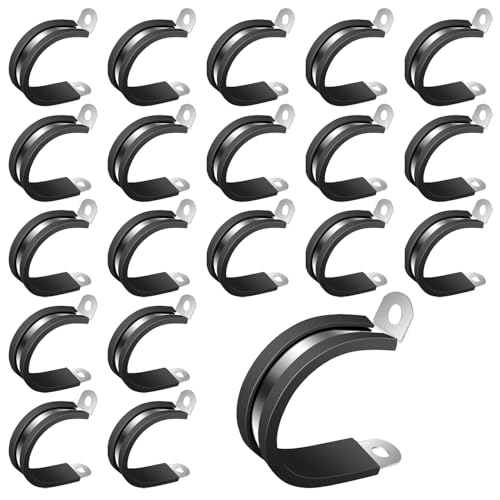 Image of 20 Pcs 35mm(1-3/8") P Clips, 304 Stainless Steel Rubber Lined R-Type Pipe Clamps, Reinforced Metal Cable Clips for Hose, Wire & Conduit Management