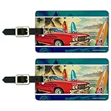 Red Classic Muscle Car Beach Surf Board Luggage ID Tags Cards Set of 2
