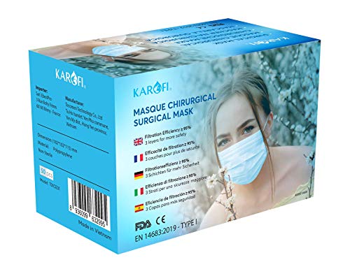 KAROFI - Masques Chirurgicaux Type I Médical, 3 Couches, BFE ≥ 95%, testés et approuvés, certifiés CE EN14683 : 2019, boîte 50 pcs Cover