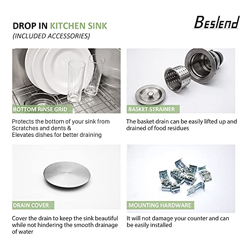 33 Inch Drop-In Sink - Beslend 33”X22”X10” Topmount Stainless Steel 16 Gauge Kitchen Sink 10 Inch Deep 50/50 Double Bowl Kitchen Sink Basin #TOP5