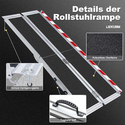LIEKUMM Rollstuhlrampe 182,5 cm, 300 kg Tragkraft Aluminium Auffahrrampe rutschfest, Rollstuhlrampe für Treppen, Tragbare Rampe für Rollstuhl, Türschwellen, Zuhause