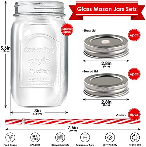 Zvonema Mason Jars with Lids, Wide Mouth Glass Jars with 6 Reusable Straws, Preserving Jars for Drinking, Overnight Oats, Jams, Honey, Send 6 Airtight Lids (6 Pack - 500ml)
