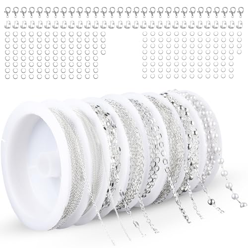 Catene per Collane 8 Rotoli Catena Collana 17m in Argento per Creazione Gioielli Kit DIY con Catene per Collane Fai da Te Chiusure a Aragosta e Anelli di Salto
